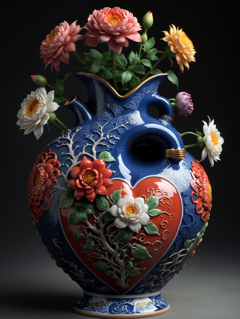 Chinese porcelain human heart vase, with flower