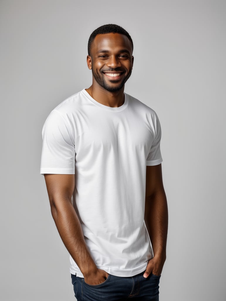 a black African man wearing white t-shirts, standing in front of black background, blank shirt no print, smiling, photo for apparel mock-up