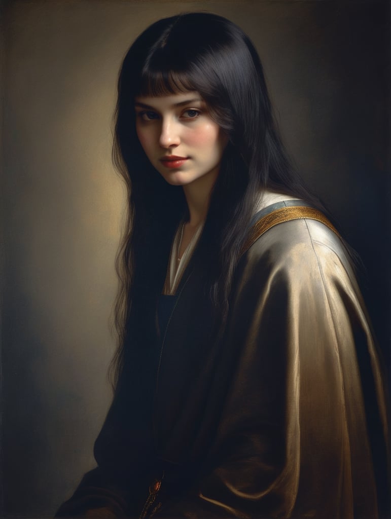 A masterpiece portrait by Rembrandt Van Rijn of a beautiful saint woman, straight hair