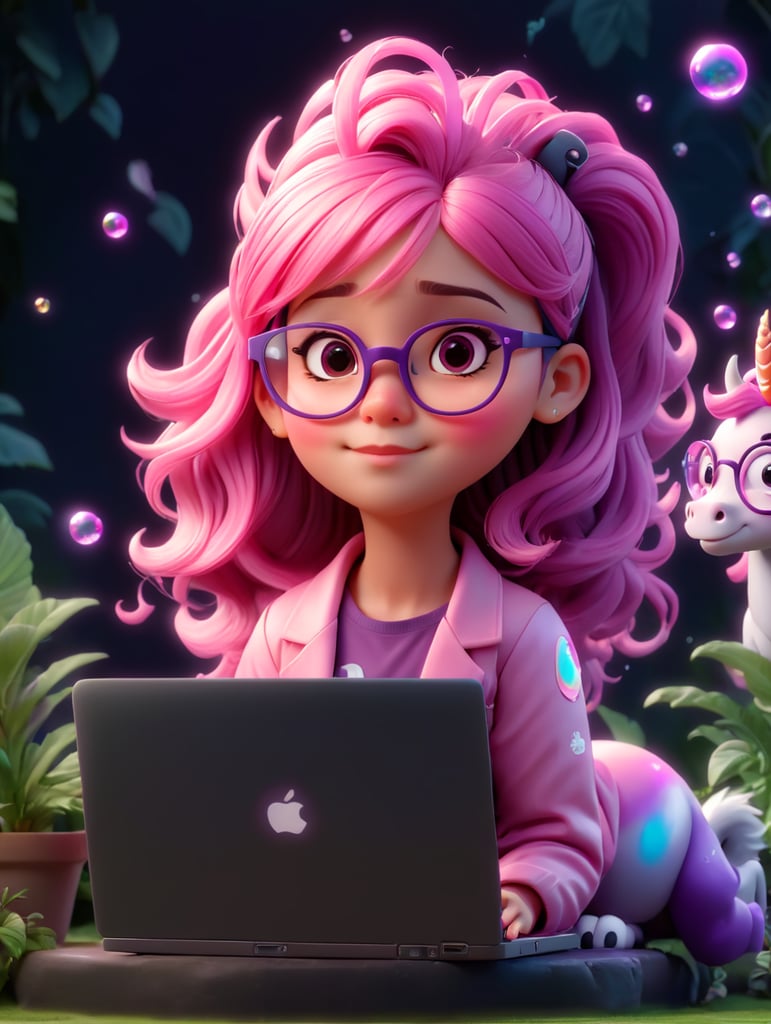 A young cool girl with glasses pink scene a laptop with a no brand. make the hair pink and violet, more neon style and more plants in the background. Bubbles, big flying unicorns, rainbows, kid style