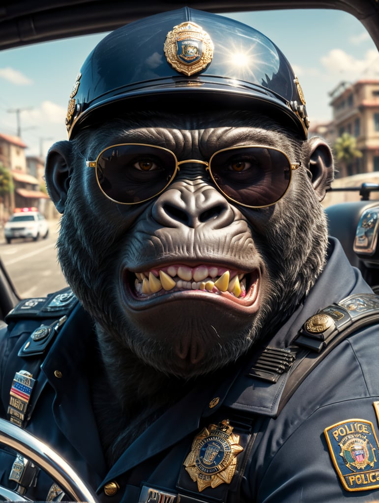 Gorilla police officer, sitting behind the wheel of a police car, close-up shot, sunglasses, clipart, stock photo