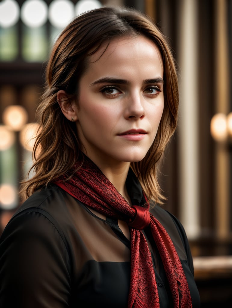 Portrait of Emma Watson wearing black blouse with red scarf, ultra realistic