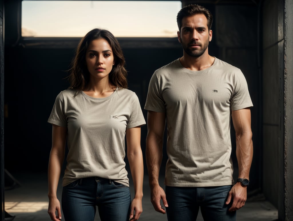 hombre y mujer DE FRENTE CON camiseta beige de cuerpo entero SIN GRÁFICO NI DISEÑO, fotografía en set profesional inspirado en Luis barragan