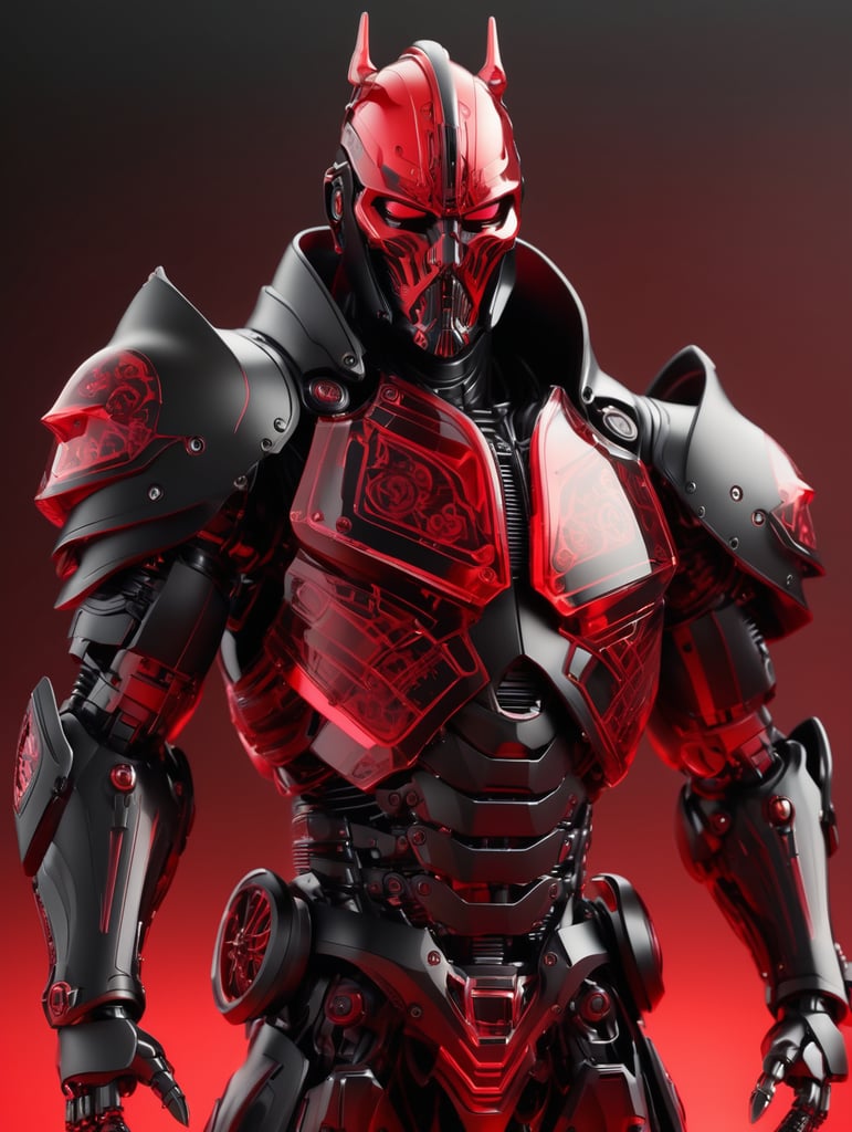 Matte black and red armored cybernetic sith lord, black on red, octane render, translucent, transparent, robotic detailing, realistically detailed, soft light, evoking,