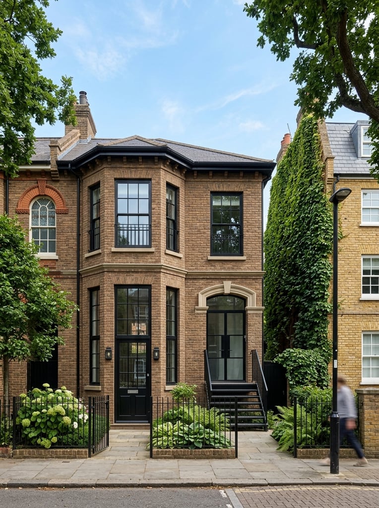 straight-on architectural photography of a two-story brown brick house, stacked bay windows with black frames, arched window, modern glass double doors, metal staircase, black metal fence, small green garden, adjacent building covered in dense green ivy, yellow brick neighboring building, bright natural daylight, clear sky, sharp focus
