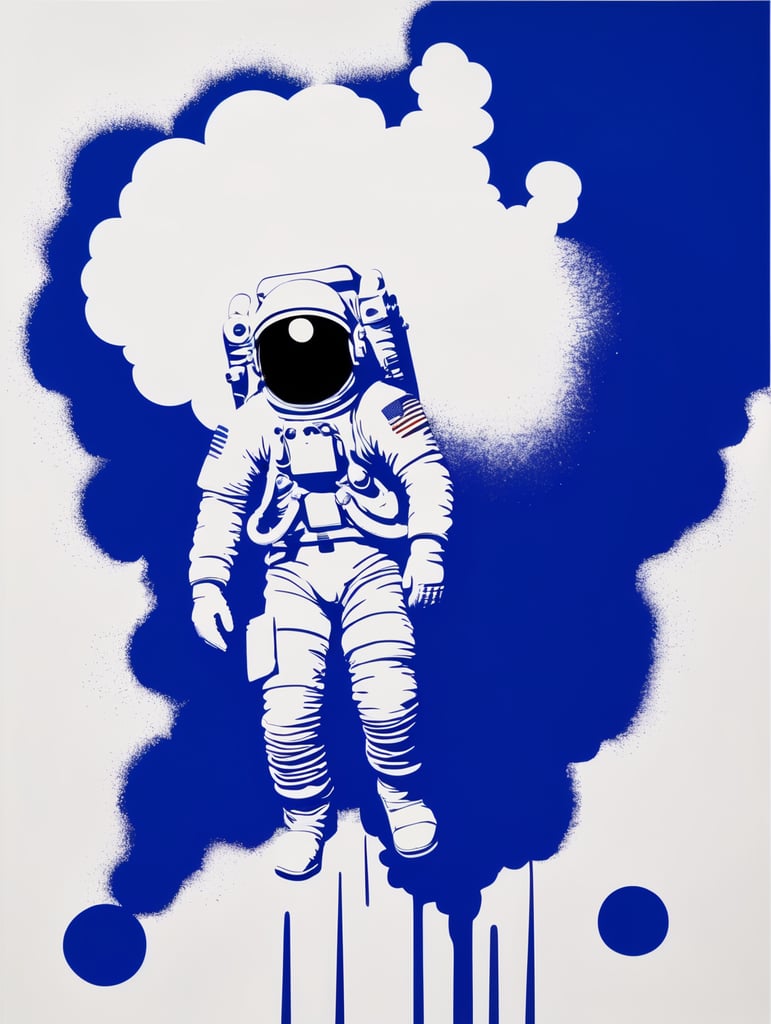 Pop art Astronaut i himmel af skyer i Yves Klein blå