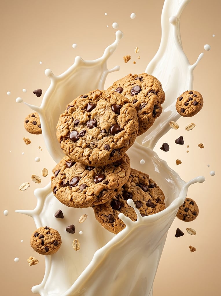 Create a vertical studio food advertising image of chocolate chip cookies exploding through a dramatic splash of creamy milk. In the center, show several large round cookies floating in mid-air, stacked and overlapping, with golden-brown baked texture, rough crumb detail, visible oats, and many glossy dark chocolate chips. The cookies should look thick, crunchy on the outside, and freshly baked. Behind and around the cookies, create a tall dynamic wave of milk or vanilla cream, splashing upward in smooth sculptural ribbons with droplets flying in different directions. The milk splash should look glossy, thick, creamy, and fluid, wrapping around the cookies like a frozen motion effect. Add smaller floating elements around the main splash: mini cookies, chocolate chips, oat flakes, cereal pieces, and tiny crumbs. Keep the composition energetic but clean, with the main cookies sharply in focus. Use a warm beige studio background with a soft gradient. Lighting should be bright and polished, with creamy highlights on the milk, crisp shadows, and strong detail in the cookie texture. The color palette should feel appetizing and premium: warm biscuit gold, dark chocolate brown, creamy white, soft caramel beige, and subtle toasted oat tones. Style: high-end commercial food photography, dynamic frozen motion, floating dessert composition, realistic splash effect, clean studio setup, sharp texture detail, premium snack advertising, no text, no logo, no packaging.