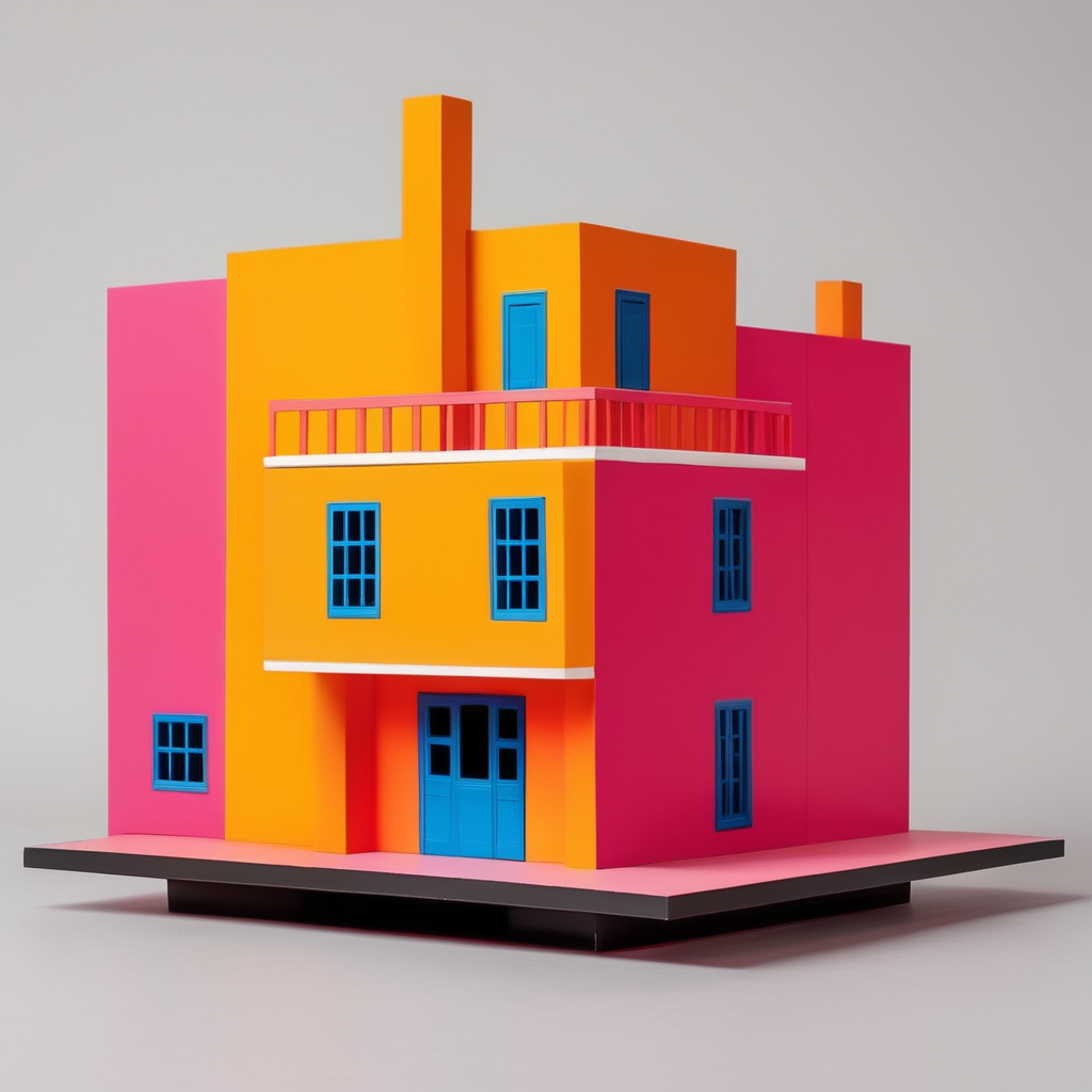 Vinil toy para Niño de 5 añosde una casa inspirada en la arquitectura de Luis Barragán con colores vibrantes.