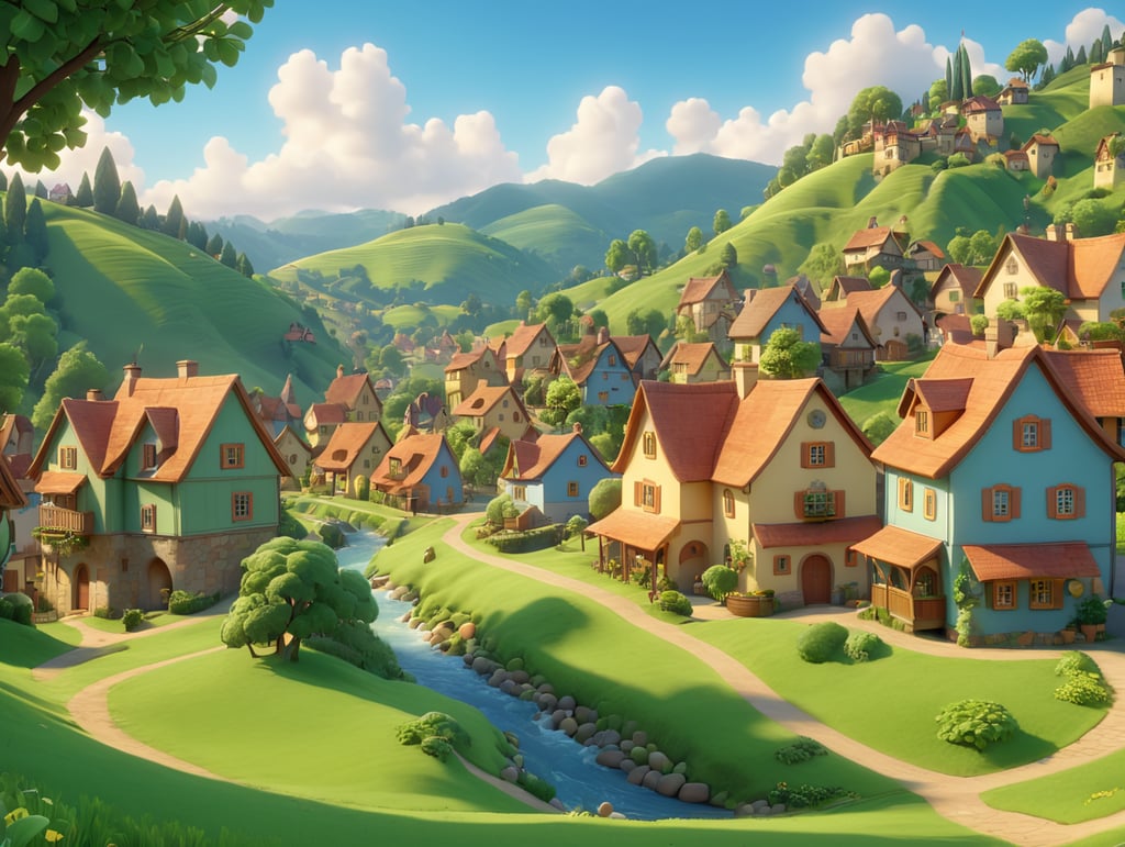 A picturesque village nestled between rolling hills and lush forests, animated Pixar style, high-quality drawing, illustration, 4k, 3d