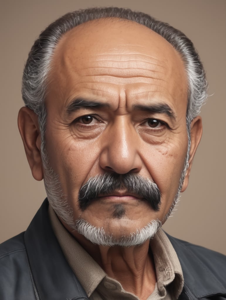 A old Mexican man with nice facial hair but is balding on the top of his head