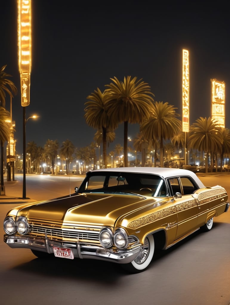 Lowrider car , golden color on by night