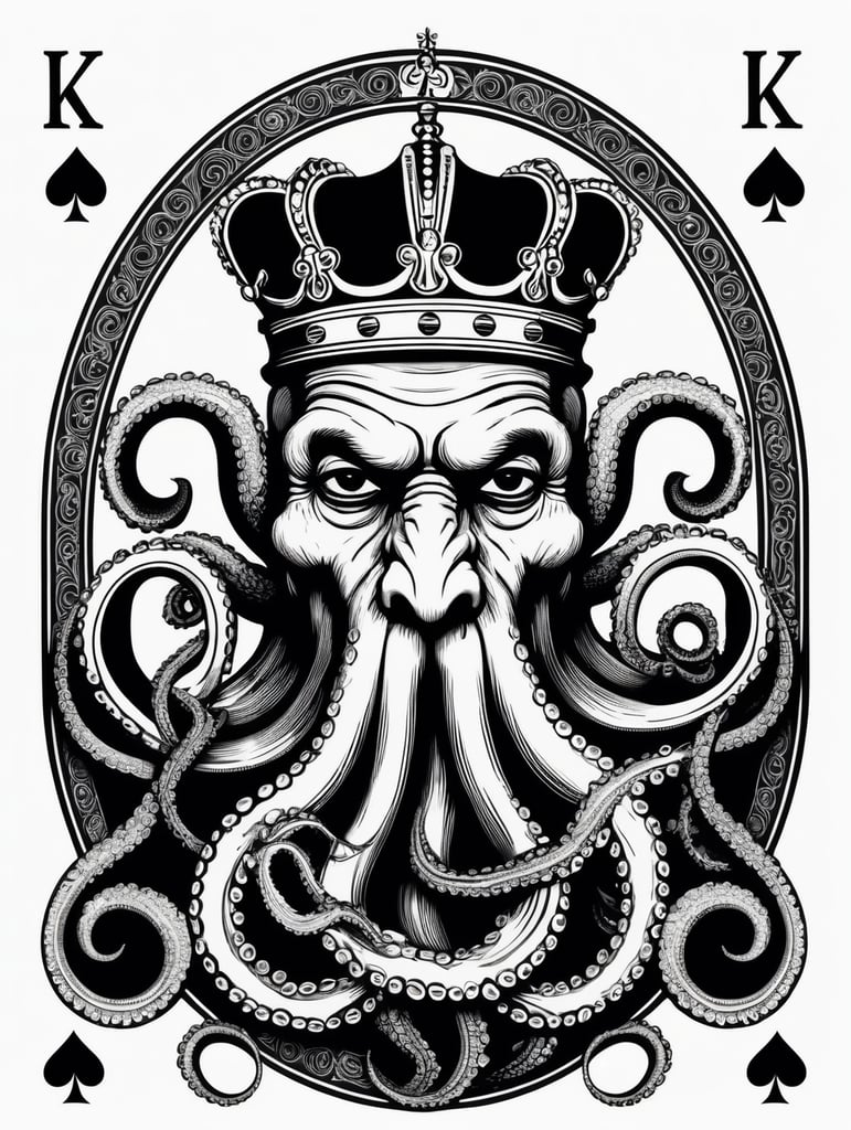 king octopus of clubs playing card, face card, linocut art style, black ink, ultra realism, simple lines, vector