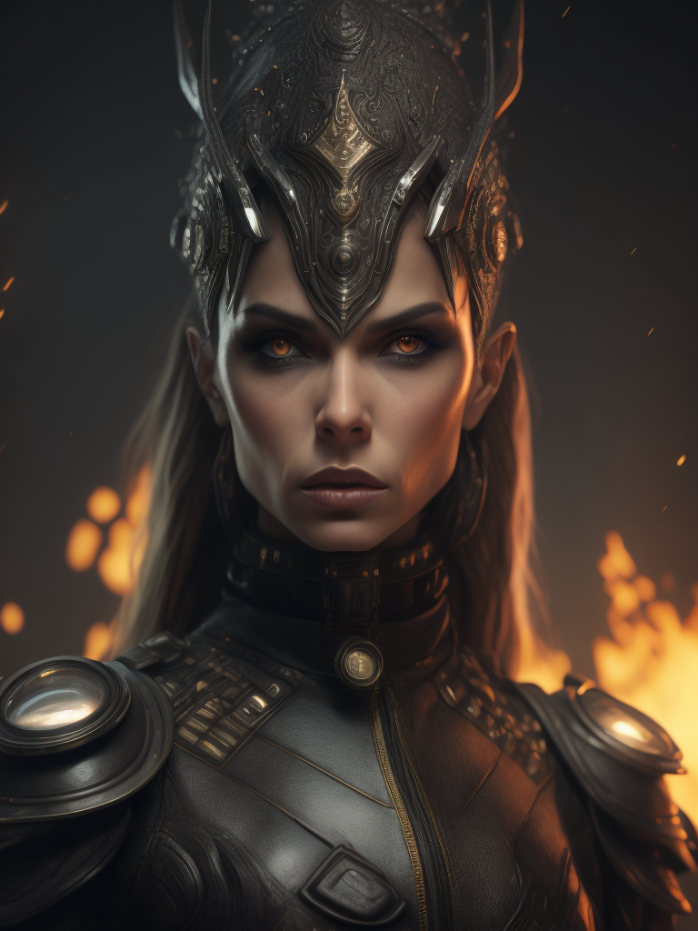 A witch with robotic implants on face and body very intricate sharp focus, dark art, dramatic lighting, style image hr giger, darkness ratio, fire background, fairytale and high fantasy, pretty face, mystical, mythical, magic, fantasy, perfect hands, perfect eyes, esoteric, mystical, cg, best quality masterpiece, dslr with a 200mm lens, greg rutkowski, 45 degrees, --s100, ultra realism, realistic photograph, hyperdetailed, very sharp, sharp focus, realistic details, professional, directed by ridley scott