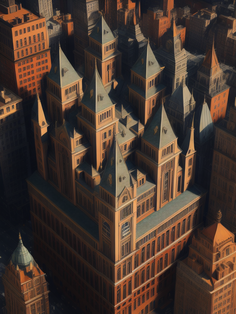 New York buildings in the style of a lithograph by Maurits Cornelis Escher