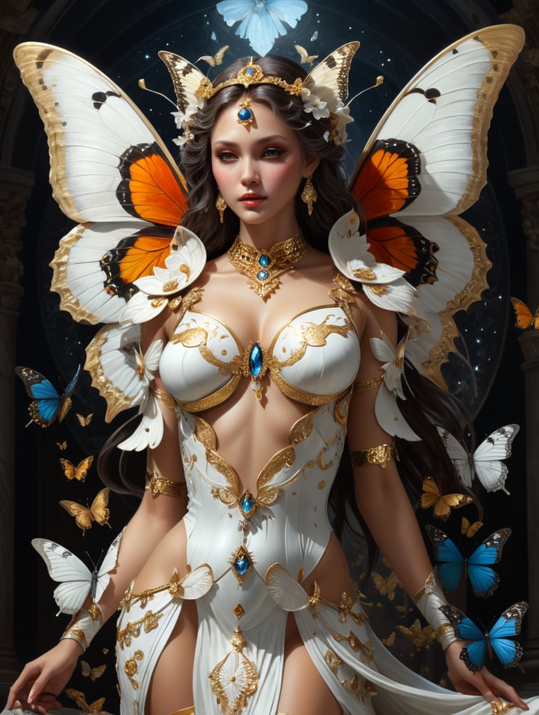 create a psyche goddess astrological costume she is depicted with butterfly include venus she’s mostly seen wearing white