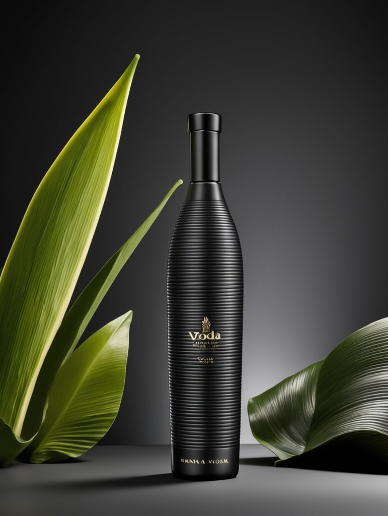 Tall minimalist glass banana vodka bottle design with a texture of closely spaced vertical lines with vibrant colors for a luxury matte black perfume with a shape inspired by vodka bottles. On a dark gray background. Packaging and branding for a banana vodka brand, a set design with banana, and banana leaves.