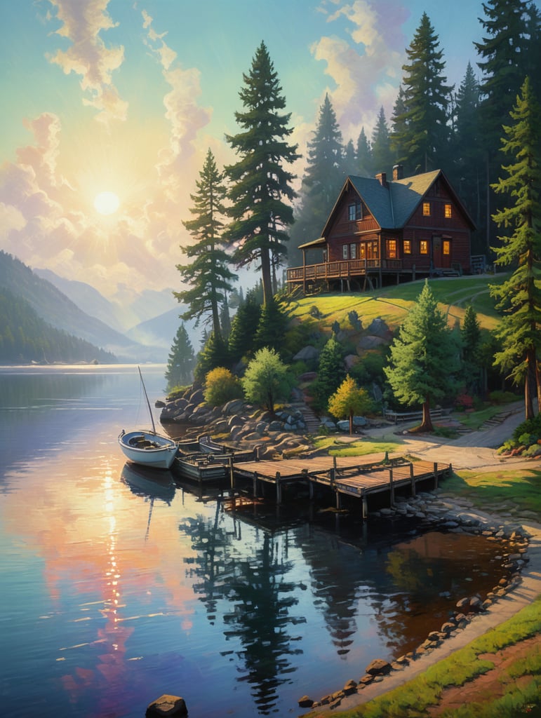 Lake, sail boat, landscape, rpg style, erin hanson, trees, quay, wharf, morning light with long shadows and mist, some fog, house, painting, hill, spruce tree, some sand