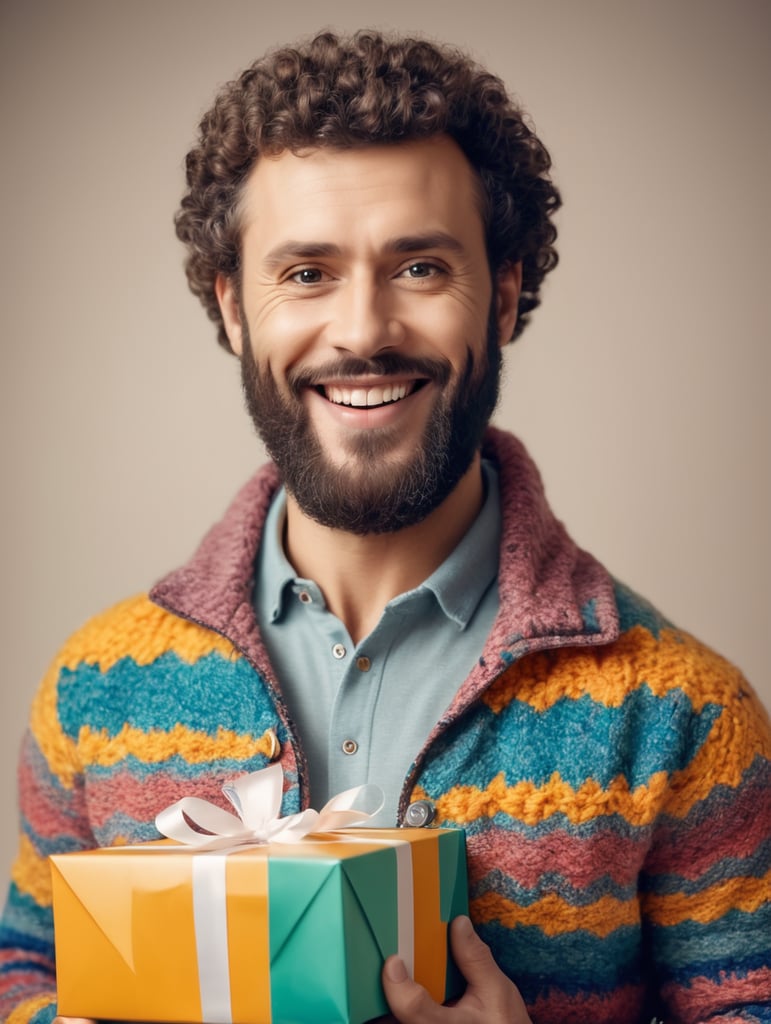 portrait of a bearded curly man wearing coloured knitted jacket, stands front camera with gift box his hand, happy birthday images, spring time