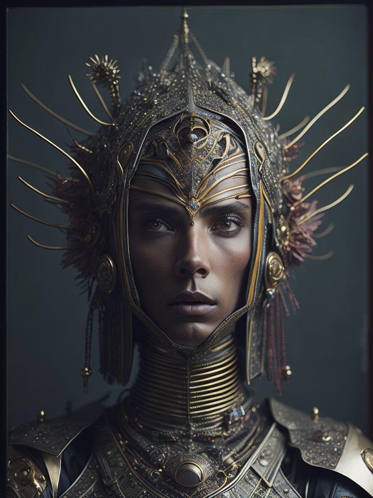 Masterpiece sculpture of an ornate bejeweled mechanical robot samurai , by annie swynnerton and diego rivera and nicholas roerich and jean delville, symbolist, dramatic lighting, god rays, elaborate geometric ornament, art brut, rich colors, smooth, sharp focus, extremely detailed