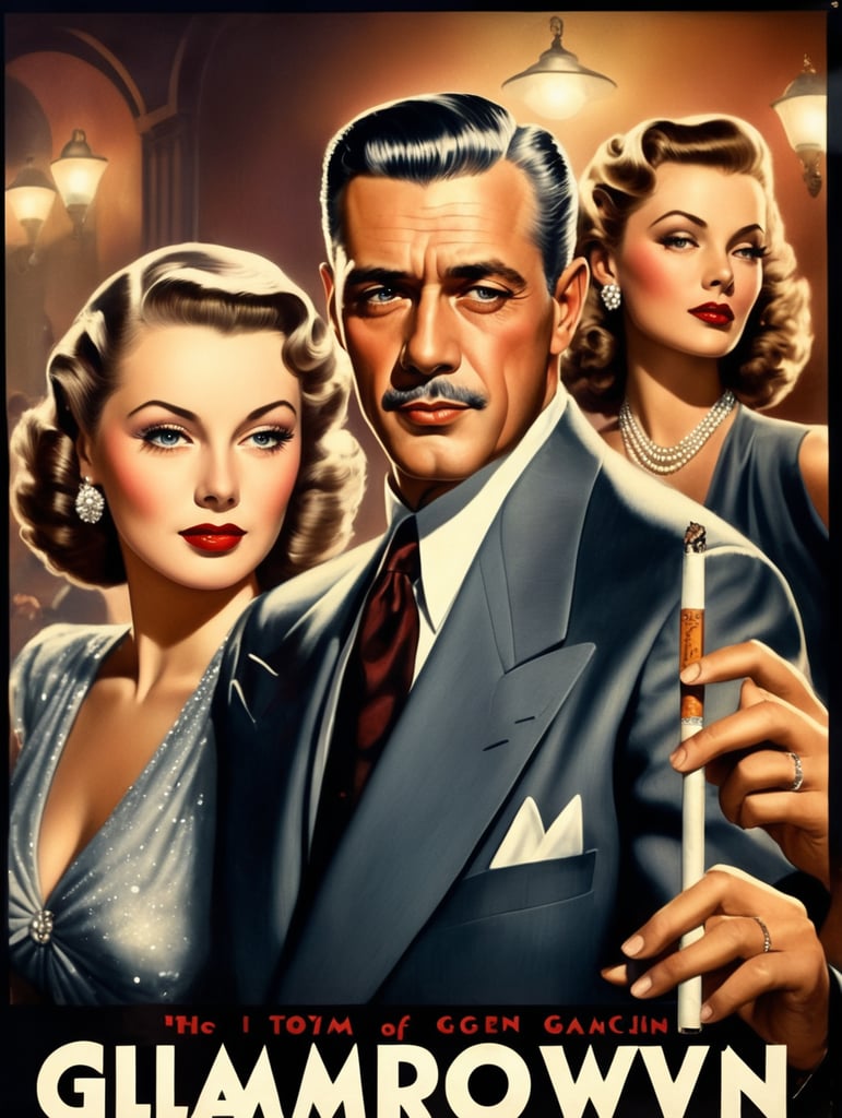 Hollywood 1940's film noir poster with the title "Glamourtown", glamorous women in dresses, handsome older man with grey hair smoking a cigarette, mafia, spotlights, movies theater, film cinema camera