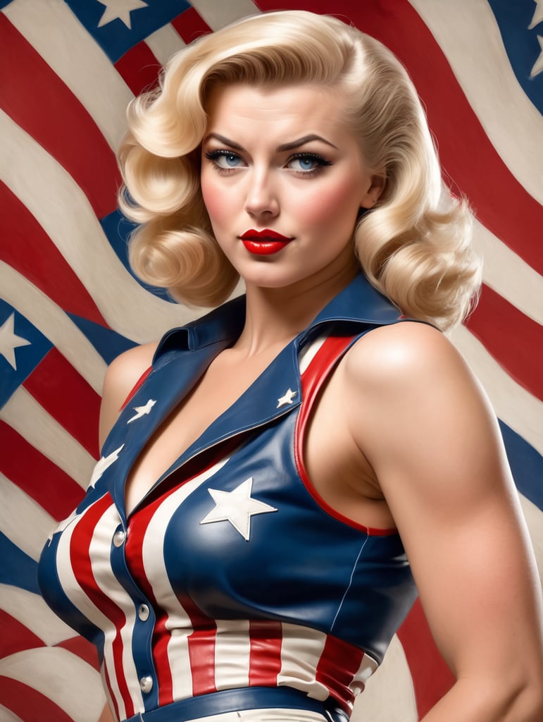 Modernized 1940's pinup girl, blonde hair, red white and blue sleeveless leather shirt with stars, flexing arm powerfully, mad expression on face