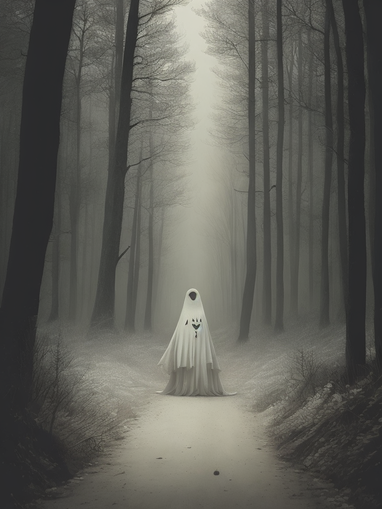 Funny ghost on the background of the forest, John Kenn Mortensen style, incredibly detailed,