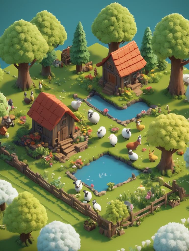 Detailed 3d farm island, fluffy trees, animals, working people, cute creatures, gathering place, flowers, game art style, 3d model, blender modeling, stylized, isometric, tinye style, cute, postcard style, miniatures