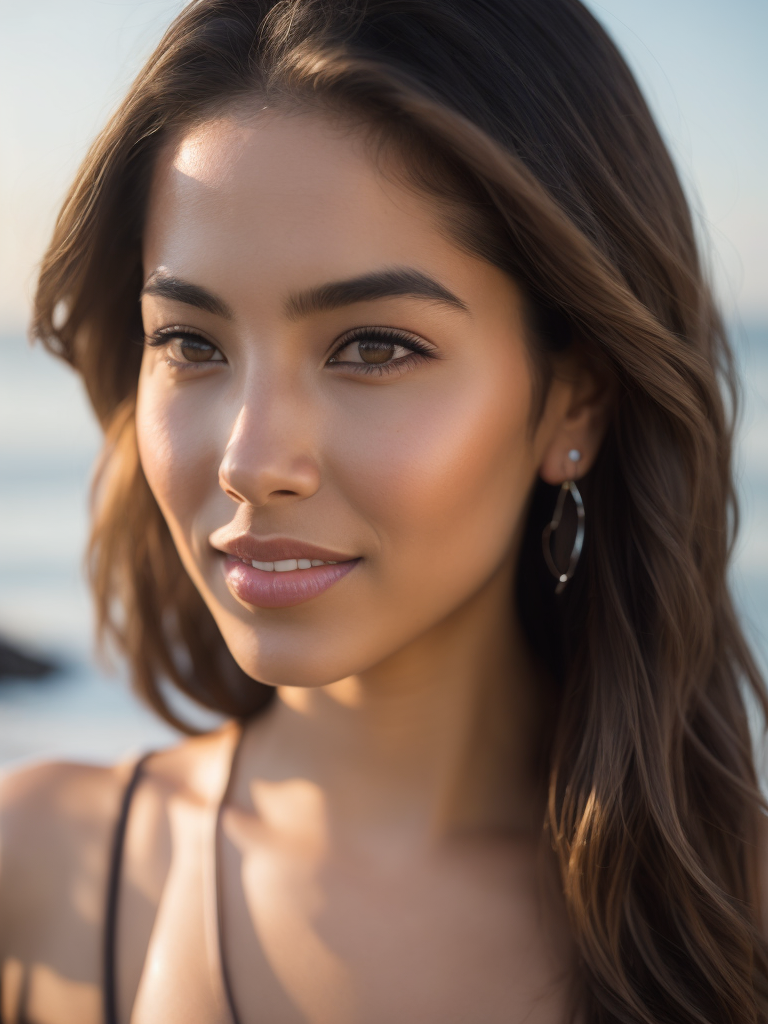 latin girl enjoying the breeze and looking at the ocean