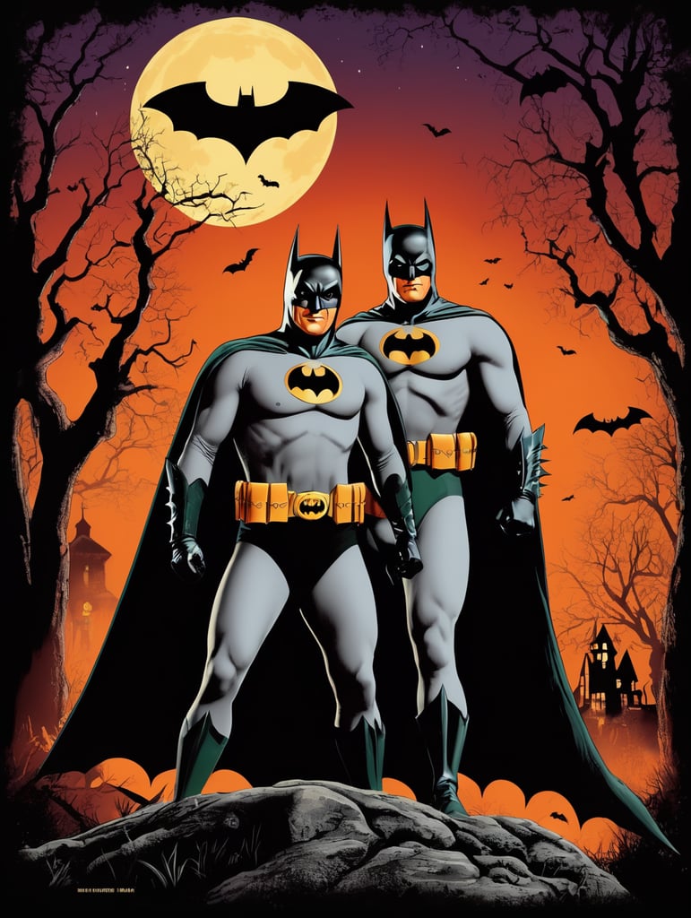 1950's b-movie horror halloween t-shirt print design featuring a batman and robin