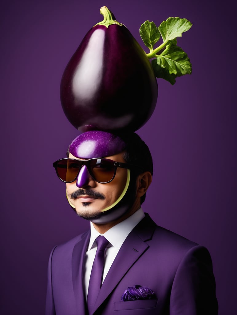 A man in a business suit with a eggplant for a head, dark purple background, sunglasses, isolated, style of Edward Burne-Jones