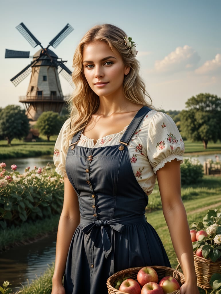 ultra realistic image of 25 year old farmer girl, blond hair, tanned, with a dress with flowers on it. She looks lovely. She stands on a field. Everywhere is grass and apple trees. In the background is a river and a windmill. She holds a basket with apples in her hands.