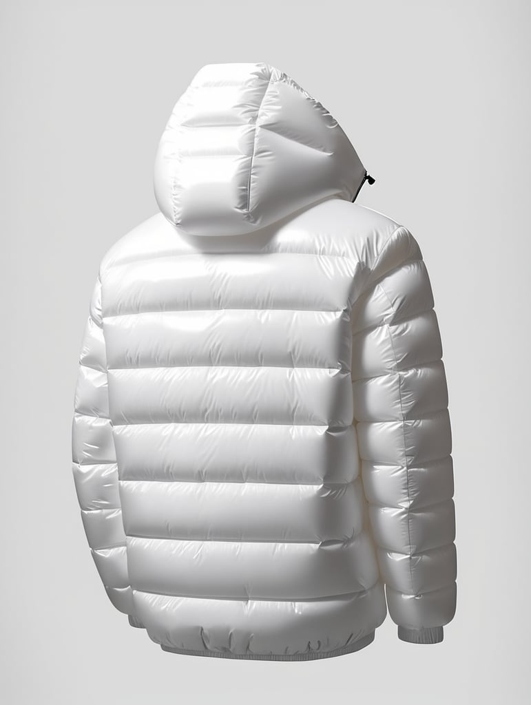 Inflatable white minimalist man's puffer jacket, back view, transparent, isolated, grey background, mockup