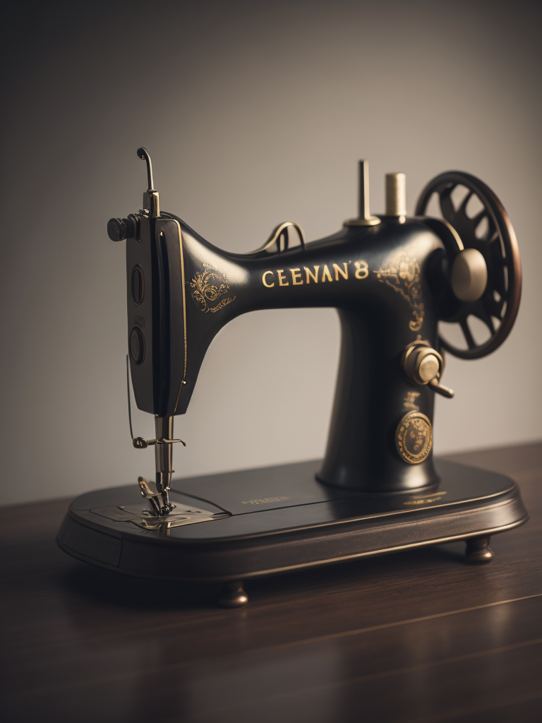 Vintage sewing machine, sharp focus, highly detailed, Dark gradient background, Muted colors