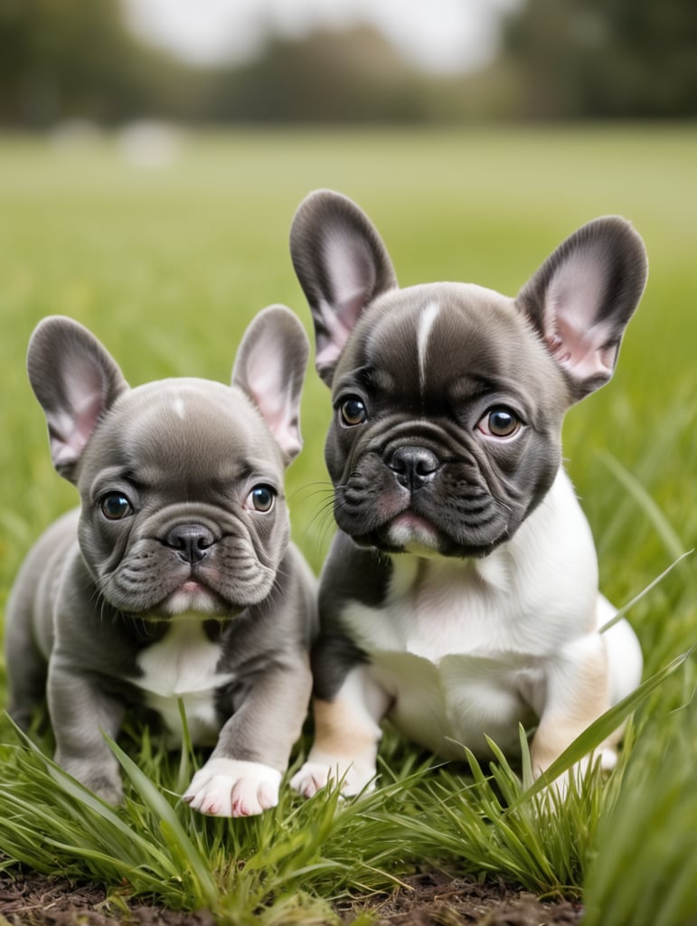 Cute French bulldog puppies in different colours and with tails playing in grass