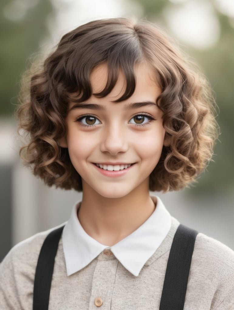 Make a teenager with a sharp nose, curly short hair, and braces and sharp eyes.
