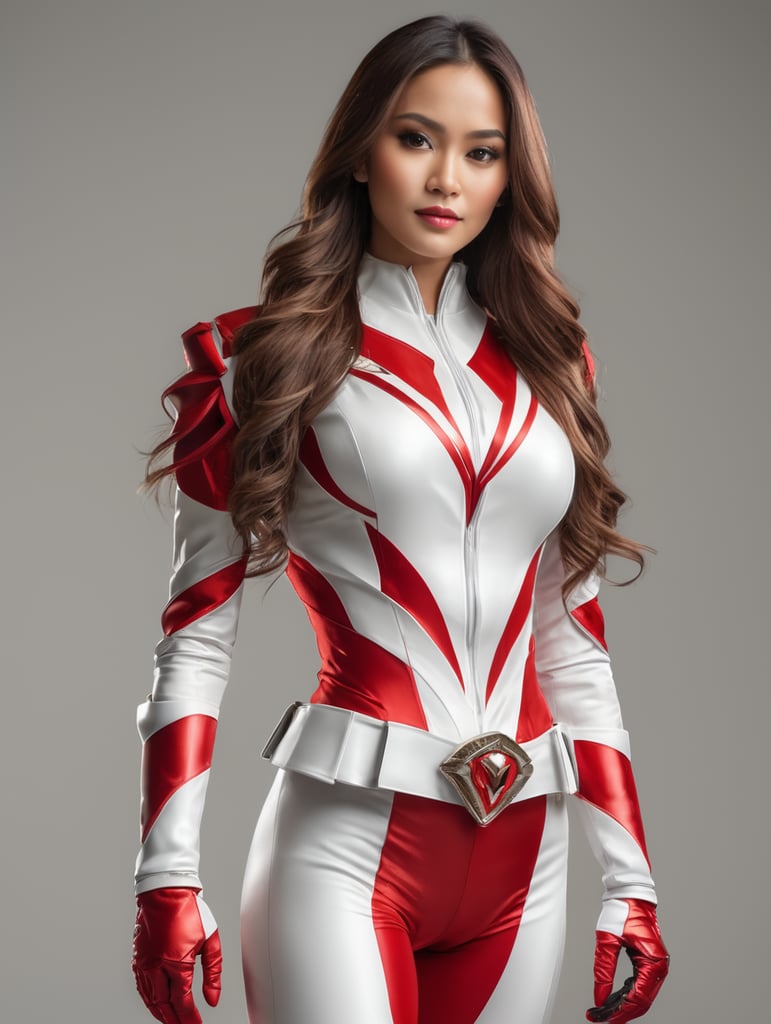White red power ranger, Full body photo, beautiful woman, long hair, Javanese ethnicity, standing still, studio light, hyper detailed, full body portrait, gloves,