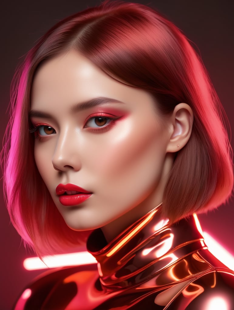 a woman is modeling for the photographer in the style of neon-infused digitalism, light crimson and bronze, vibrant portraits, mike winkelmann, close-up, petrina hicks, neon pop