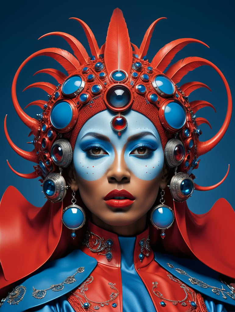 Donyale luna, avant-garde, simplygo, photoshoot spread, dressed in all red, blue background, harpers bizarre, cover, headshot, hyper realistic