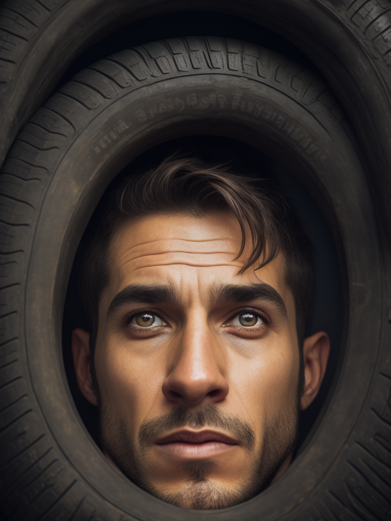 a man is surrounded by tire and tires in a pile of them, looking up at the camera man is surprised, a stock photo, concept, only face