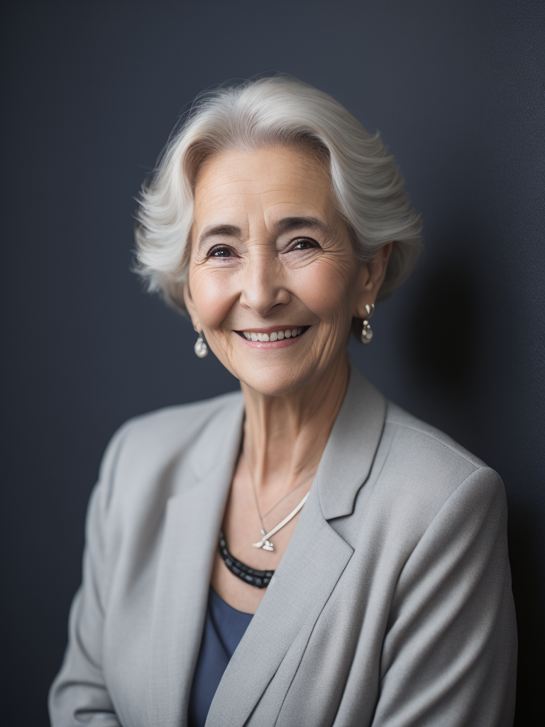 older woman smiling, not looking at camera, dark blue background