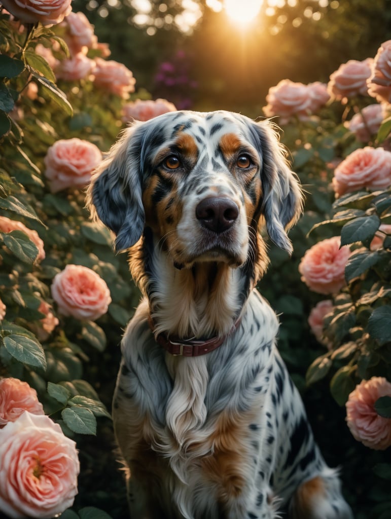 English setter dog sitting in the rose garden. Evening, warm light reflections