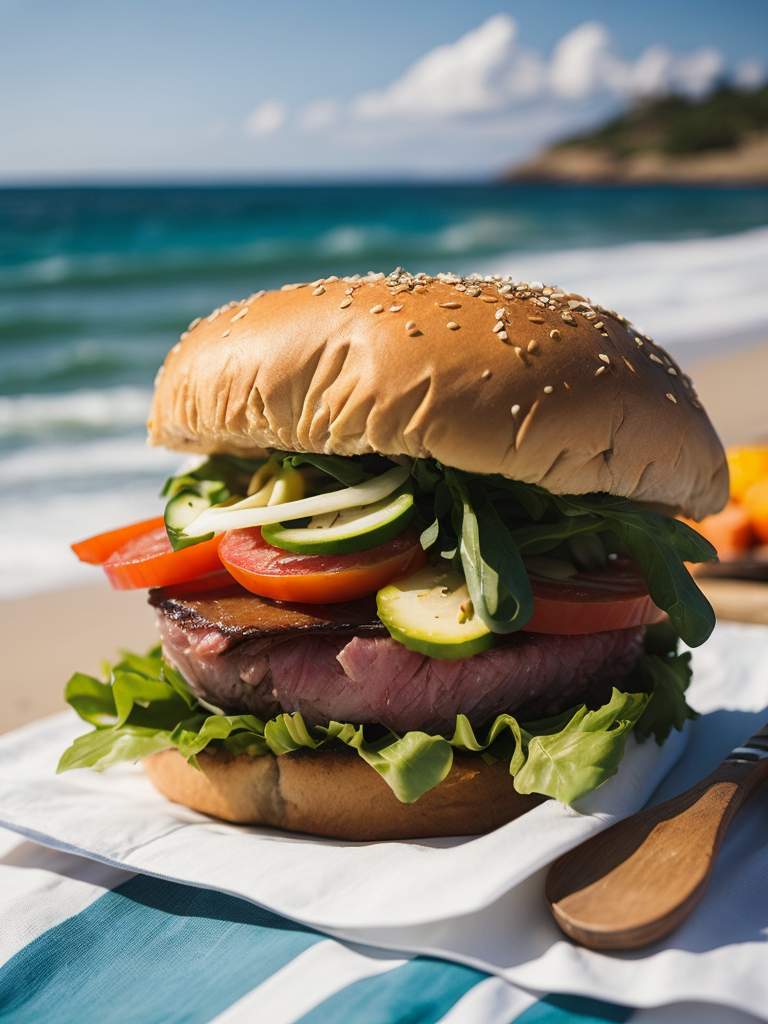 A mouthwatering tuna fish sandwich at a sunny beach picnic, the sandwich features perfectly seared tuna steak, topped with tangy pickles, arugula, and avocado slices, the scene is set on a checkered beach towel with sea waves gently crashing in the background, creating a serene coastal atmosphere, Artwork, watercolor painting, --ar 9:16 --v 5