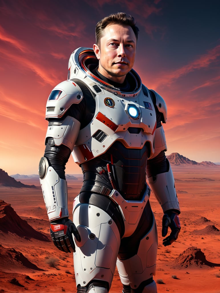 Elon Musk dressed as a full-length astronaut, on the planet Mars, red sky, costume without logos, an Opportunity Robot in the background