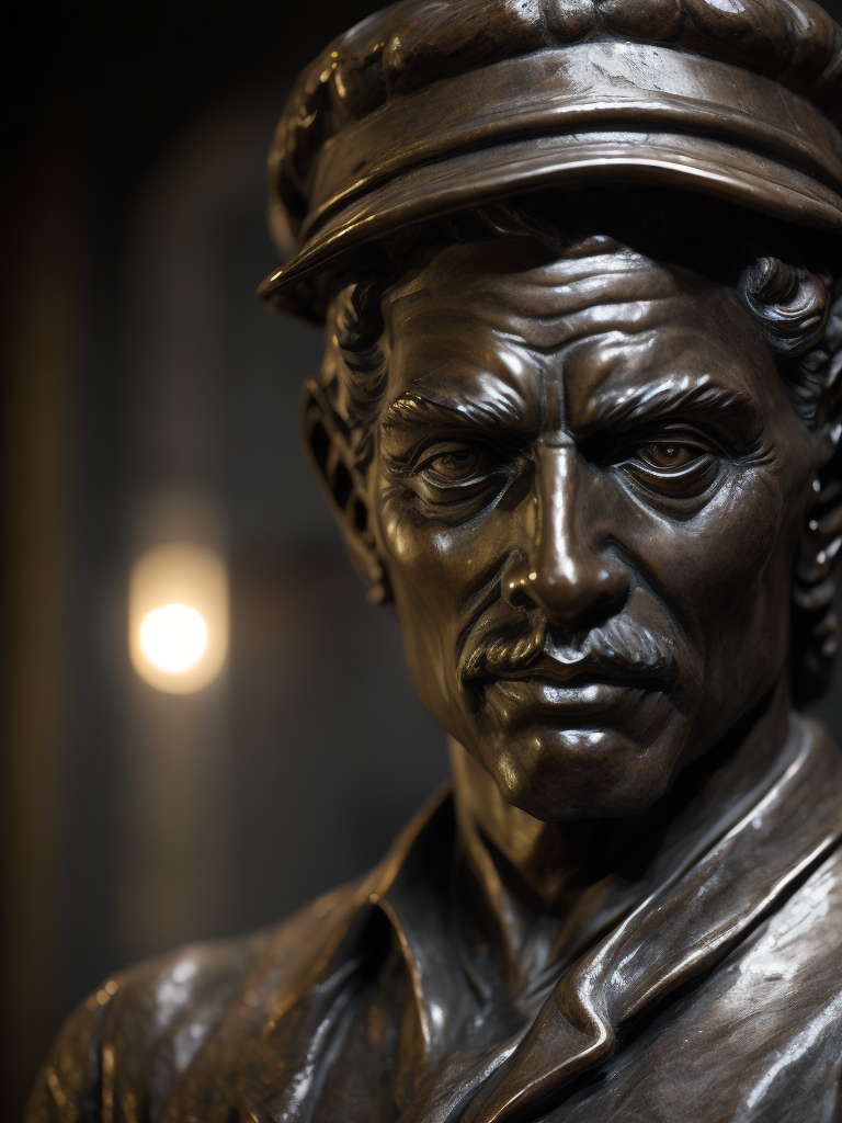 (((black marble statue))) of a english train worker, 1900, dark atmosphere, sharp on details