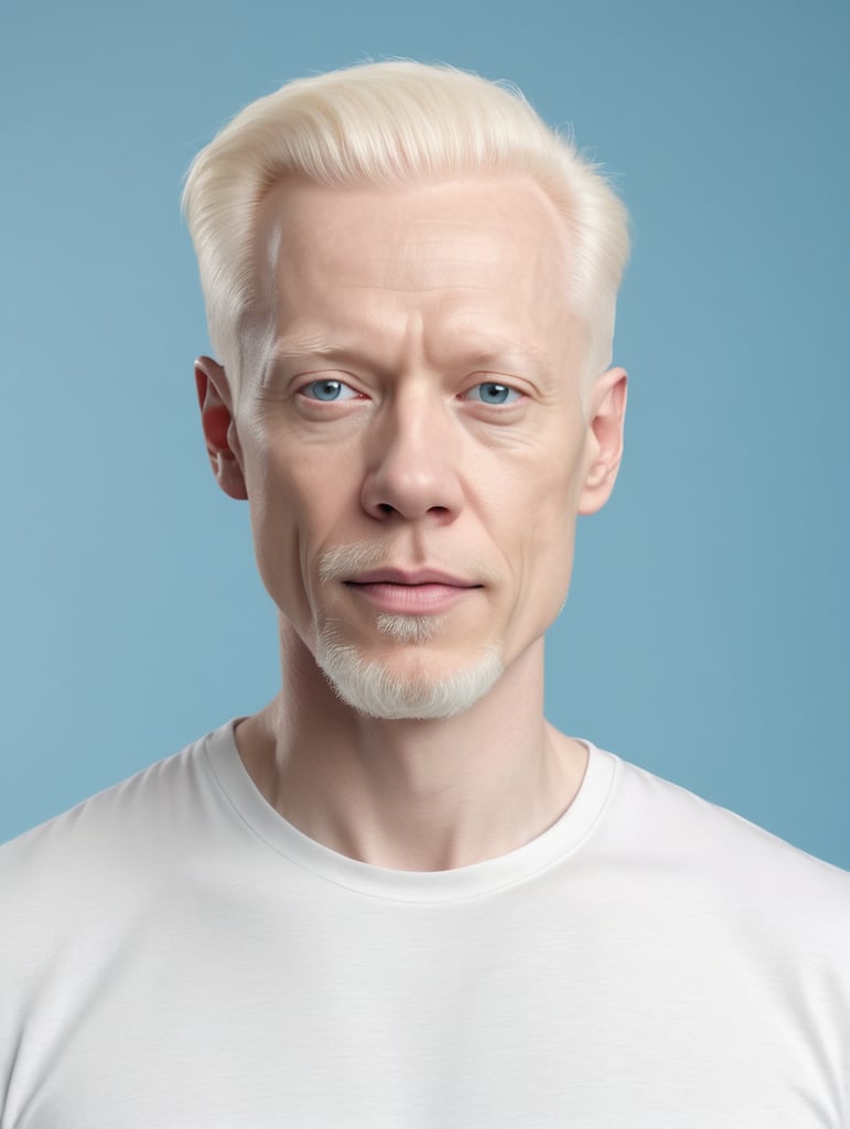 A middle-aged albino man wearing a black T-shirt, isolated, blue background, mockup, mock up