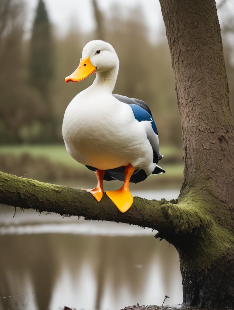 ugly duck wearing wellies up a tree