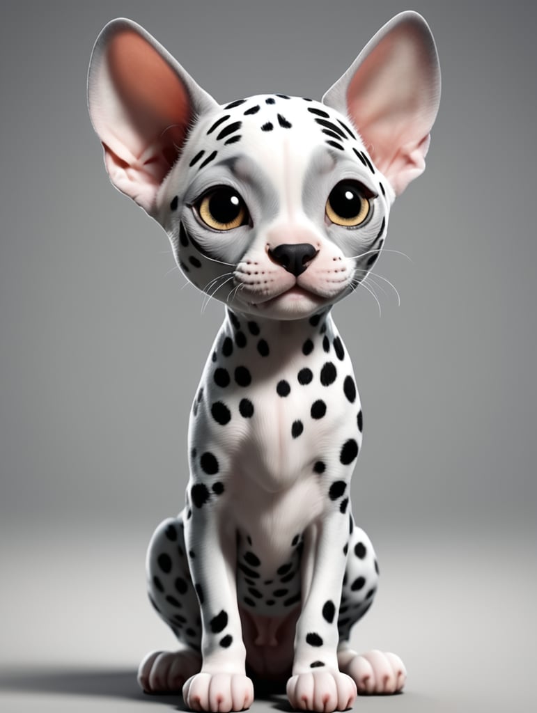 cute, hybrid Sphynx x dalmatian, full view, chibi style, disney style, cartoon style, pixar style, gray background, spotted