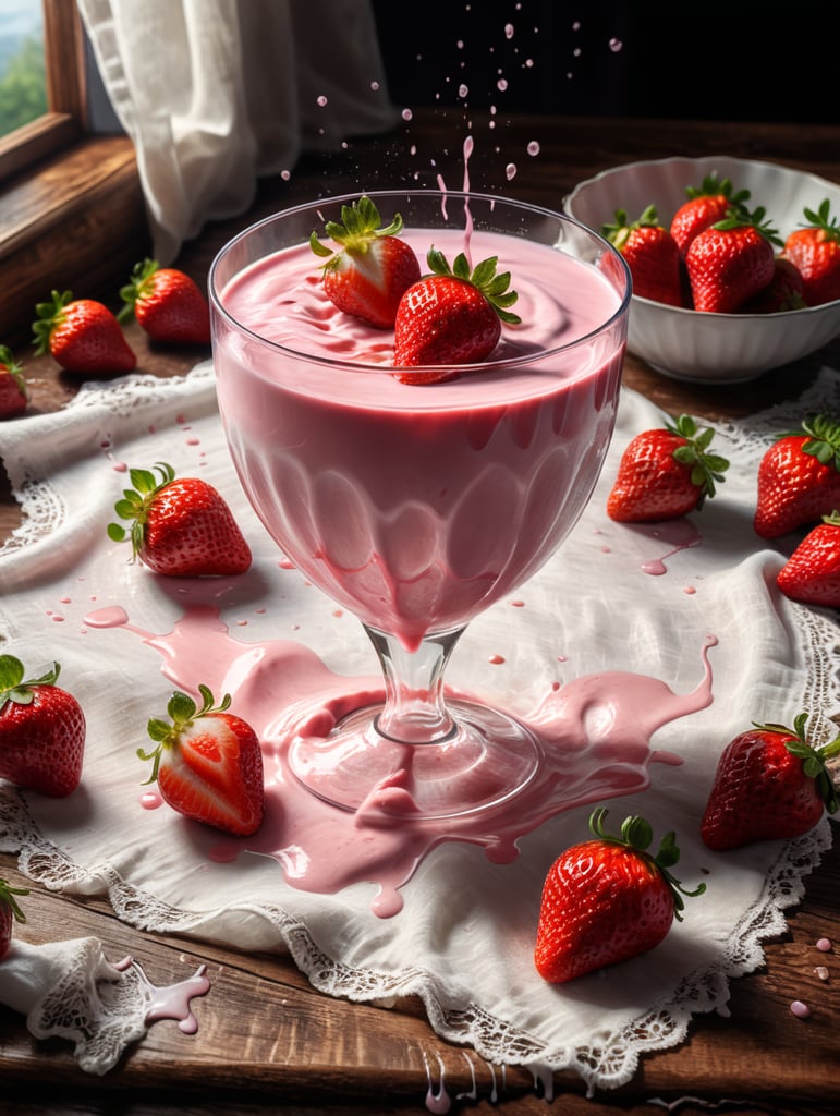 strawberry yogurt splash coming out of glass placed on a tablecloth on a wooden table