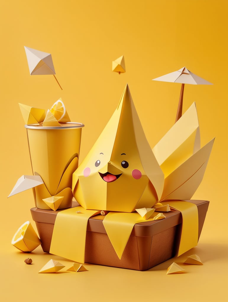 composition with glass tumbler, origami banana bread, origami banana, origami lemon zest, origami walnut, on yellow paper background