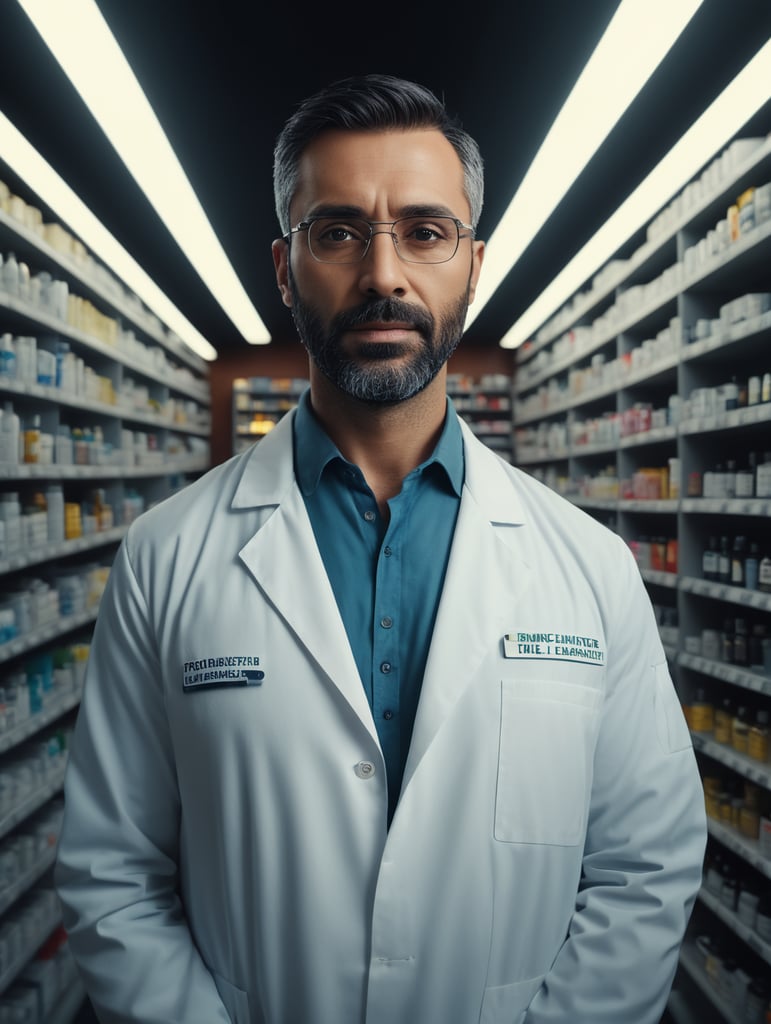 full standing centered Portrait of a Pharmacist, bright and saturated colors, highly detailed, sharp focus, Bright expressive, Depth of field, Incredibly high detailed, on a white background